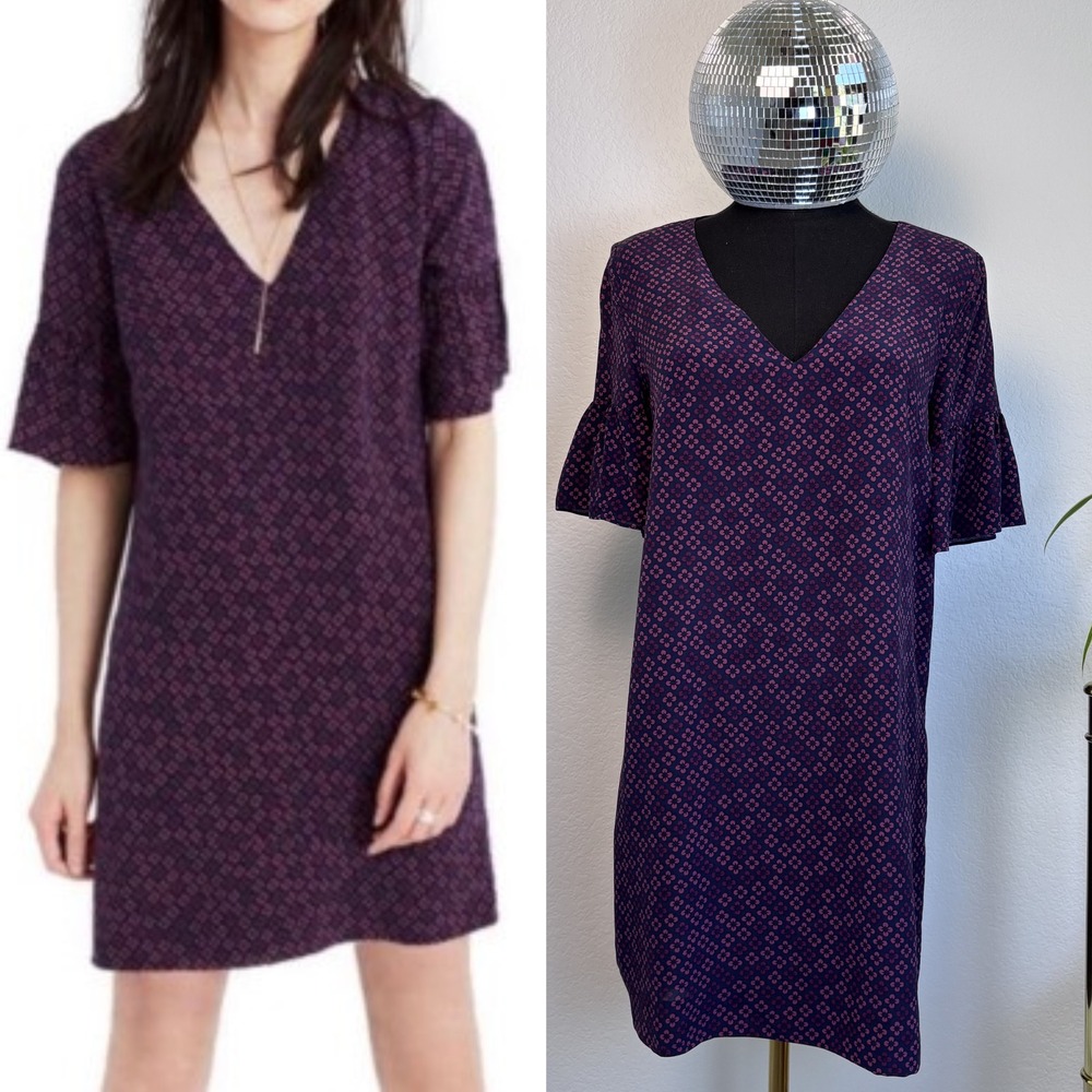 Madewell Painted Clover Silk Bell Sleeve Shift Dress, Size 0 Navy Pink V-Neck